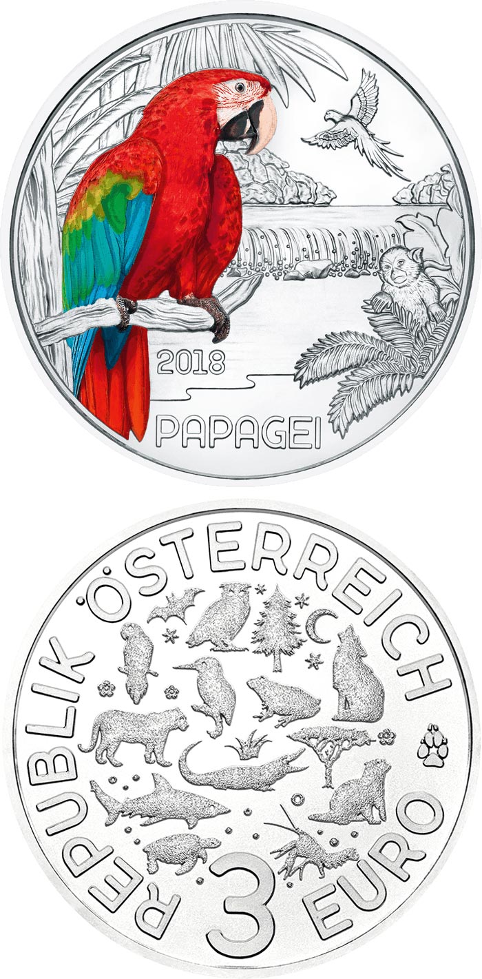 Image of 3 euro coin - The Parrot | Austria 2018.  The Copper coin is of UNC quality.