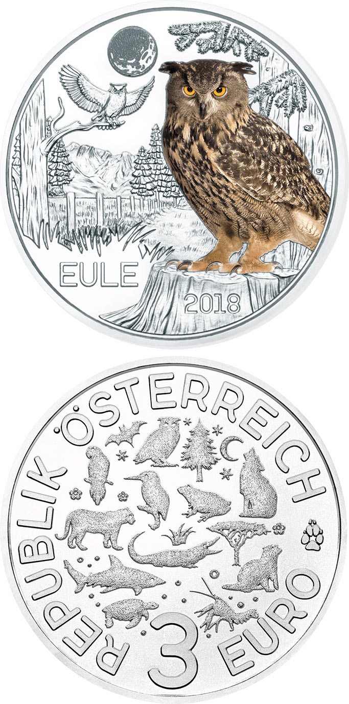 Image of 3 euro coin - The Owl | Austria 2018.  The Copper coin is of UNC quality.