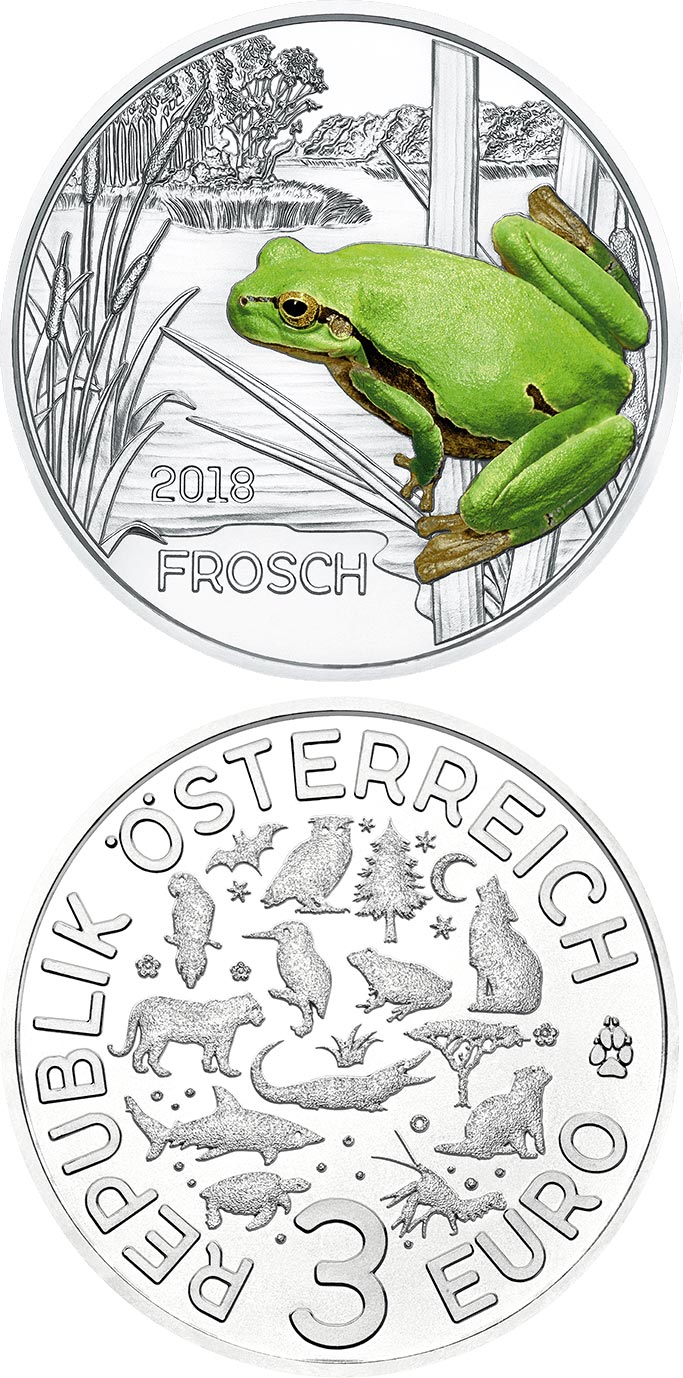 Image of 3 euro coin - The Frog | Austria 2018.  The Copper coin is of UNC quality.