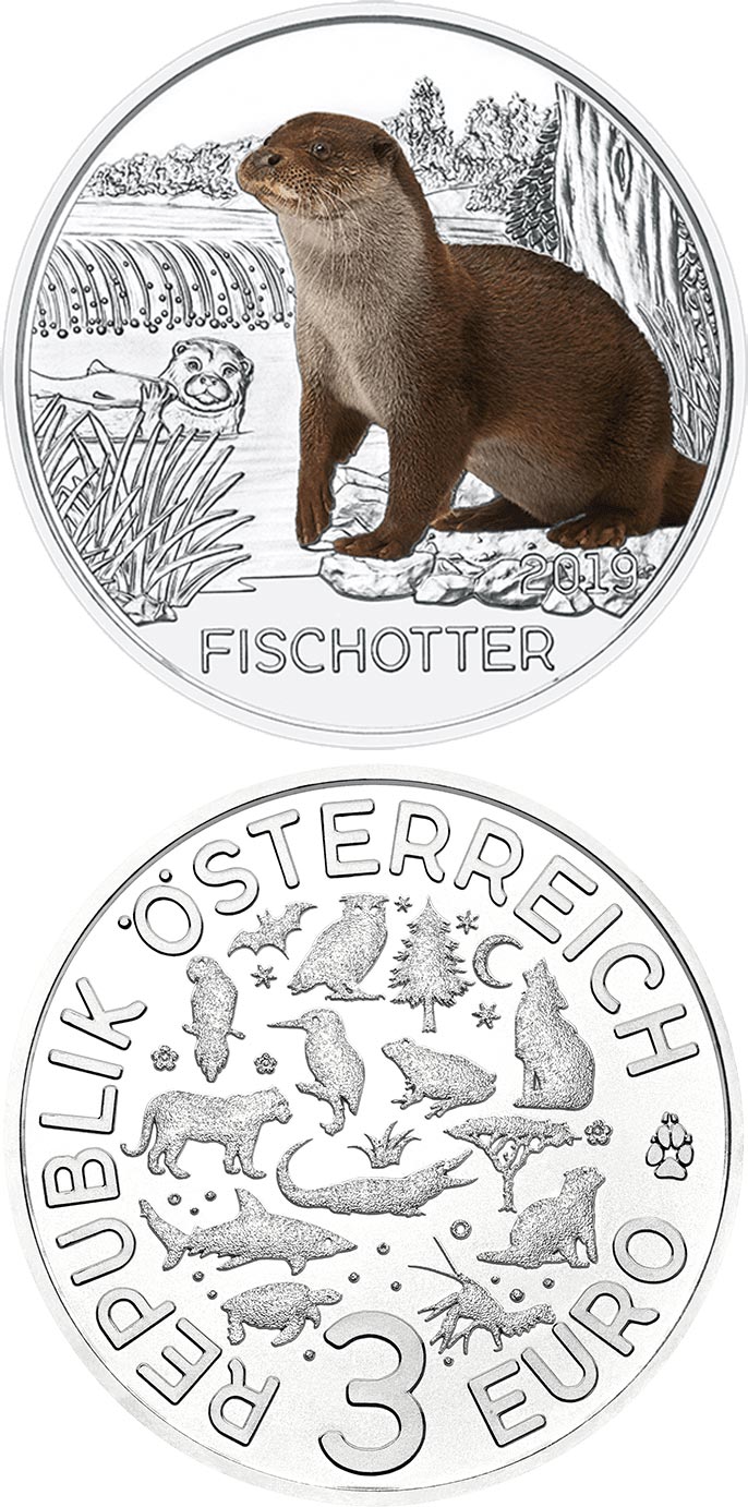 Image of 3 euro coin - The Otter | Austria 2019.  The Copper coin is of UNC quality.