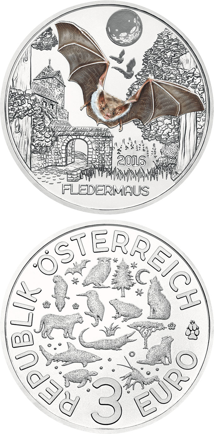Image of 3 euro coin - The Bat | Austria 2016.  The Copper coin is of UNC quality.