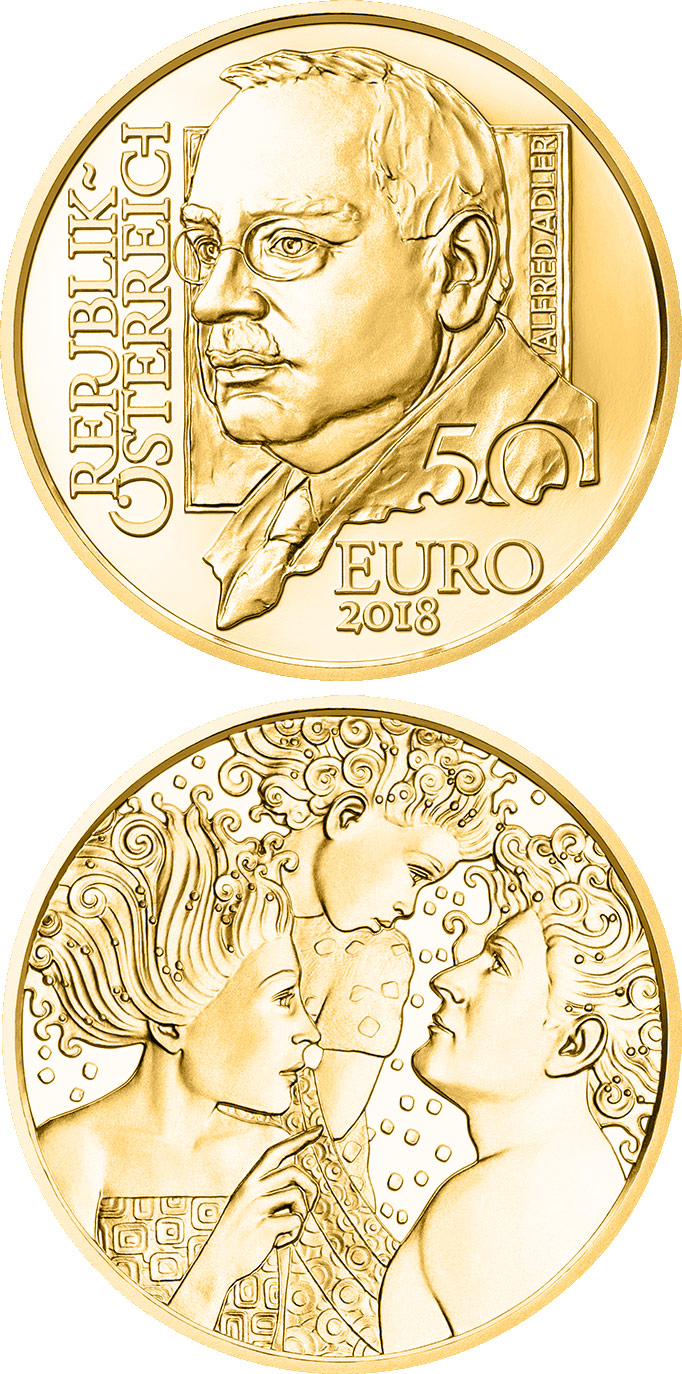 Image of 50 euro coin - Alfred Adler | Austria 2018.  The Gold coin is of Proof quality.