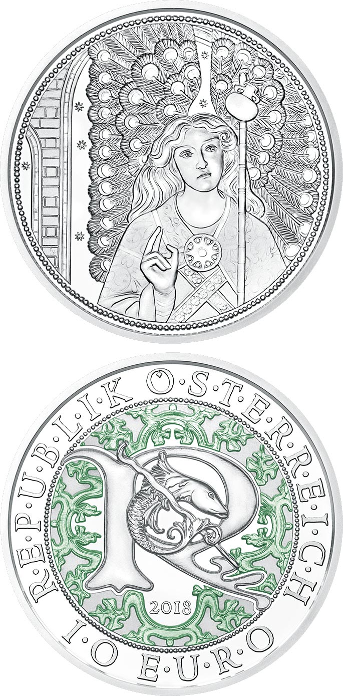 Image of 10 euro coin - Raphael - The Healing Angel | Austria 2018.  The Silver coin is of Proof, BU, UNC quality.