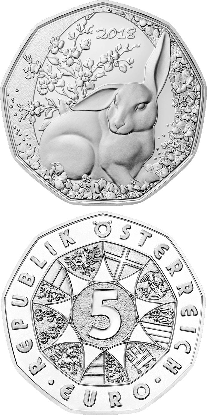 Image of 5 euro coin - The Easter Bunny | Austria 2018.  The Silver coin is of BU, UNC quality.