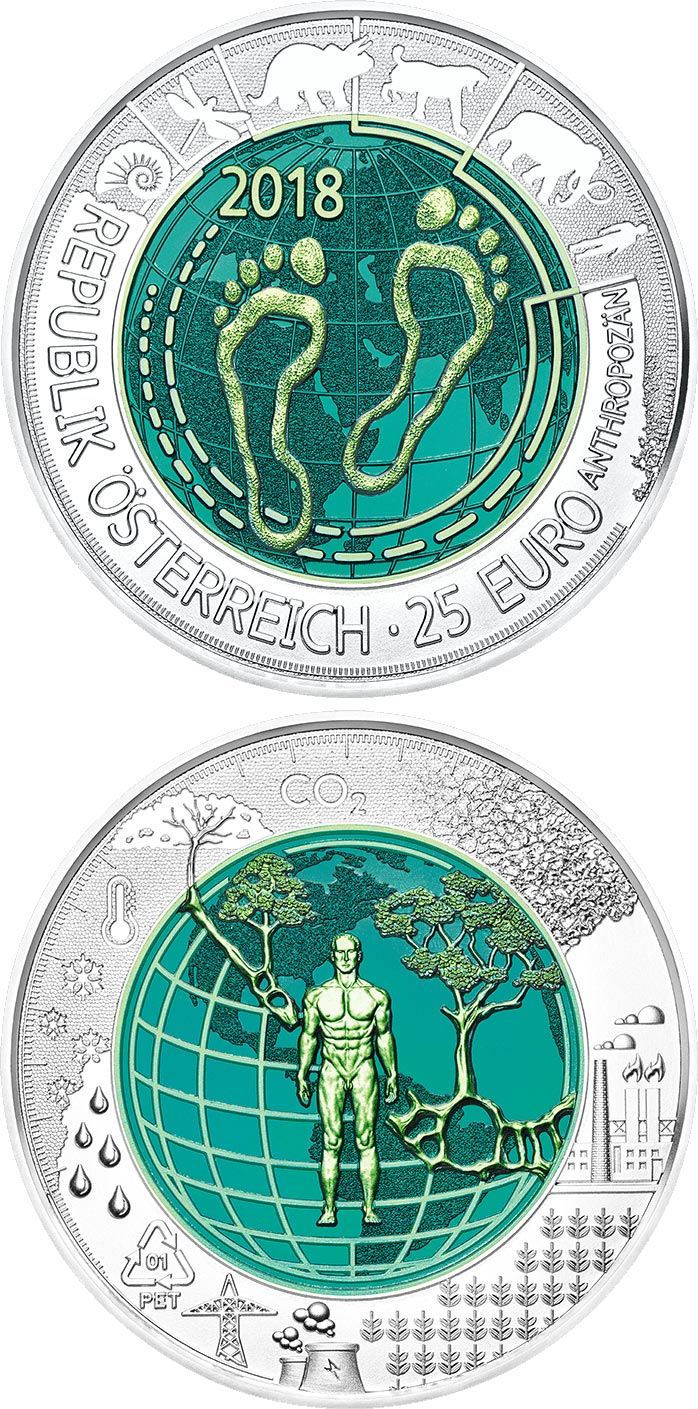 Image of 25 euro coin - Anthropocene | Austria 2018.  The Bimetal: silver, niobium coin is of BU quality.