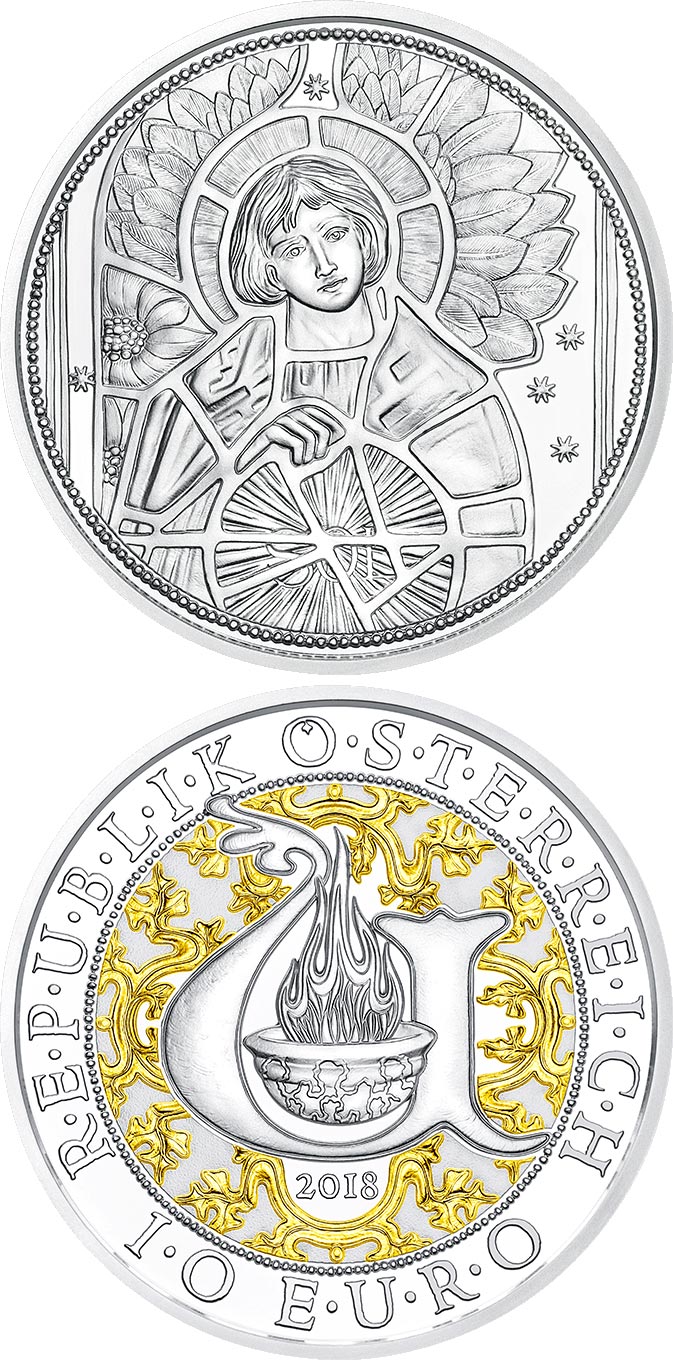 Image of 10 euro coin - Uriel - The Illuminating Angel | Austria 2018.  The Silver coin is of Proof, BU, UNC quality.