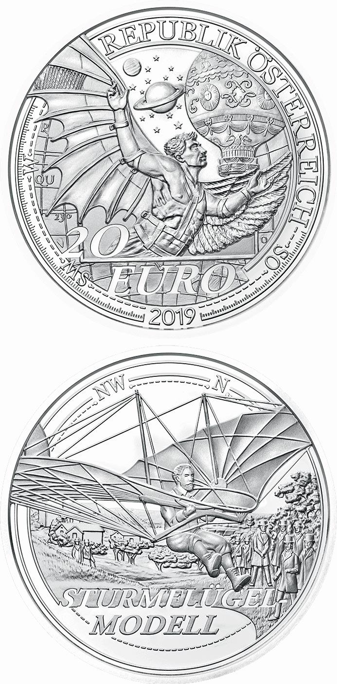 Image of 20 euro coin - The Dream of Flight | Austria 2019.  The Silver coin is of Proof quality.