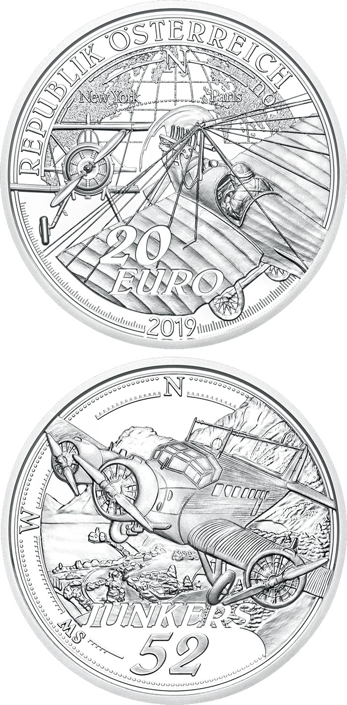 Image of 20 euro coin - The Advent of Powered Flight | Austria 2019.  The Silver coin is of Proof quality.