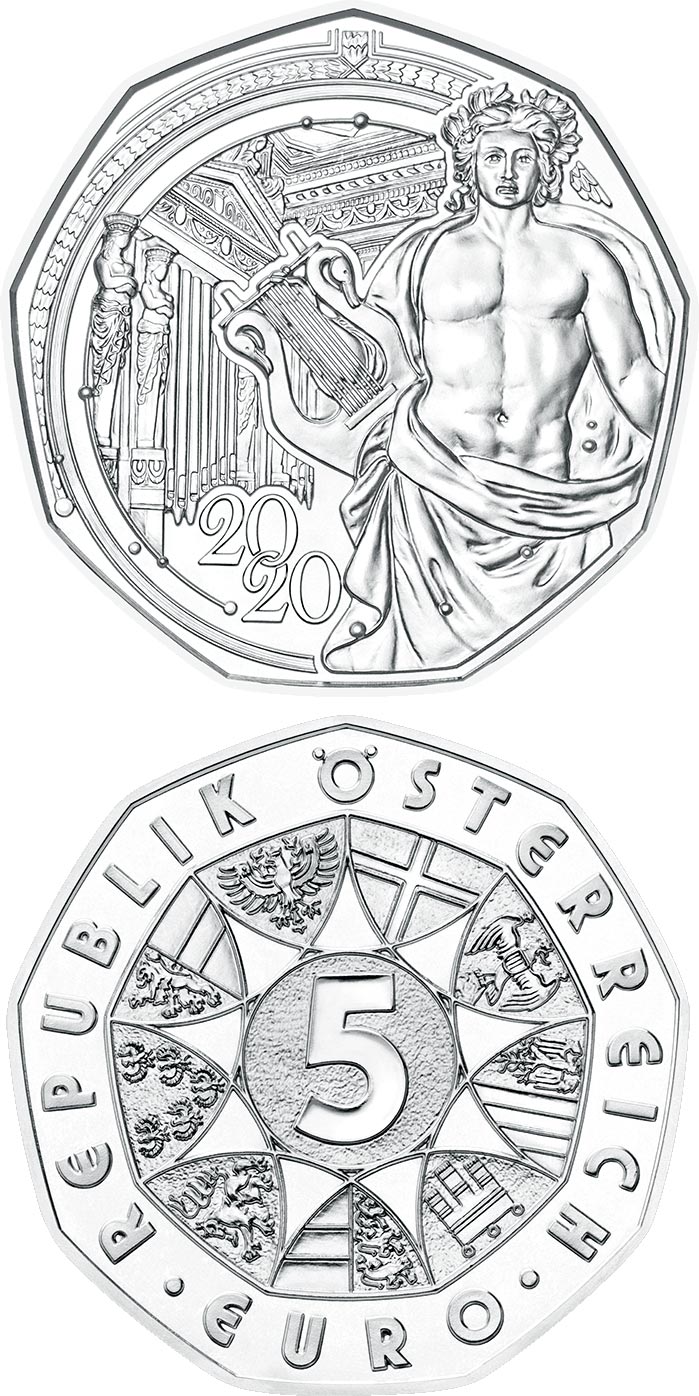 Image of 5 euro coin - New Year Coin 2020 | Austria 2019.  The Silver coin is of BU, UNC quality.