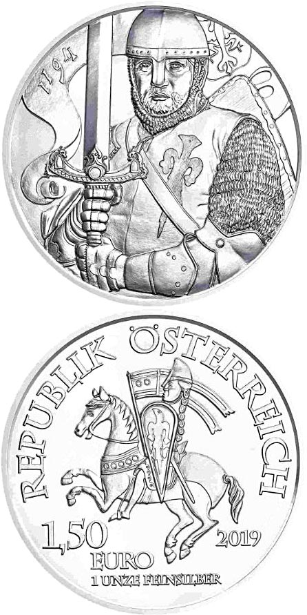 Image of 1.5 euro coin - Leopold V. - 825th Anniversary of the Austrian Mint | Austria 2019.  The Silver coin is of BU quality.