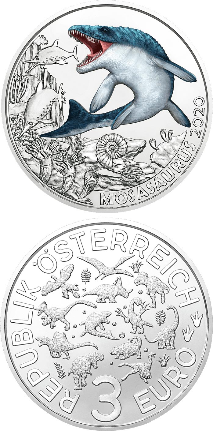 Image of 3 euro coin - Mosasaurus – the Largest
Marine Dinosaur | Austria 2020.  The Copper coin is of UNC quality.