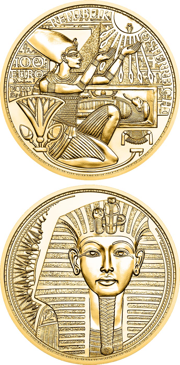 Image of 100 euro coin - The Gold of the Pharaohs | Austria 2020.  The Gold coin is of Proof quality.