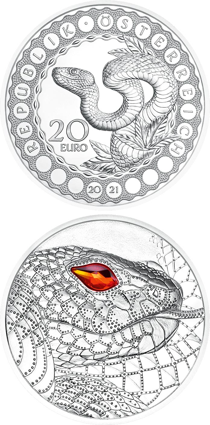 Image of 20 euro coin - Australia – the Serpent Creator | Austria 2021.  The Silver coin is of Proof quality.
