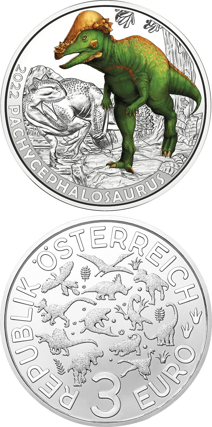 Image of 3 euro coin - Pachycephalosaurus wyomingensis – the thickest skull | Austria 2022.  The Copper coin is of UNC quality.