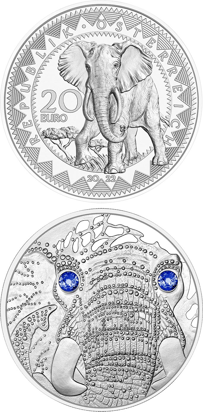 Image of 20 euro coin - Africa – the Serenity of the Elephant | Austria 2022.  The Silver coin is of Proof quality.