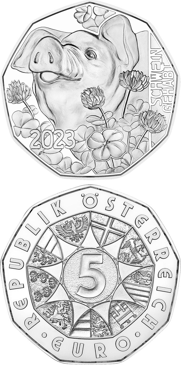 Image of 5 euro coin - New Year Coin 2023 | Austria 2022.  The Silver coin is of BU, UNC quality.
