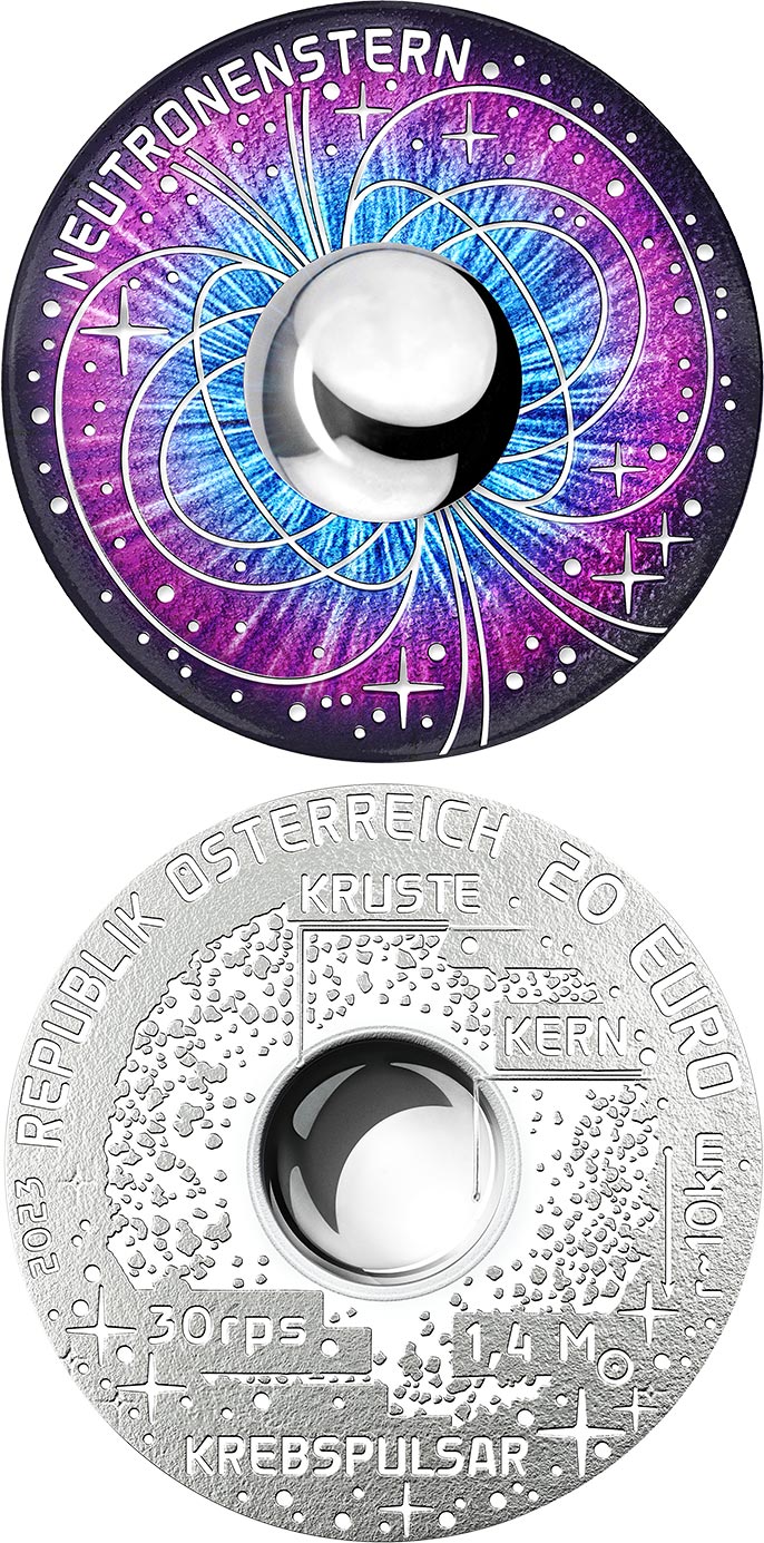 Image of 20 euro coin - The Neutron Star | Austria 2023.  The Silver coin is of Proof quality.