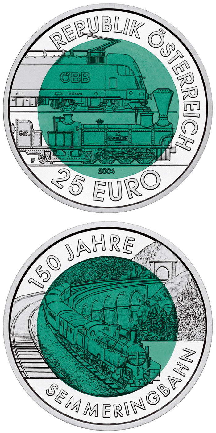 Image of 25 euro coin - 150 Years Semmering Alpine Railway | Austria 2004.  The Bimetal: silver, niobium coin is of BU quality.