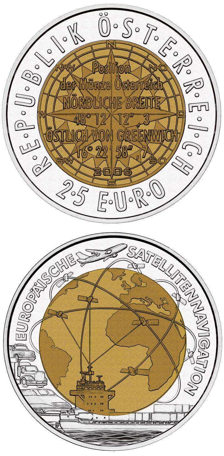 Image of 25 euro coin - European Satellite Navigation | Austria 2006.  The Bimetal: silver, niobium coin is of BU quality.
