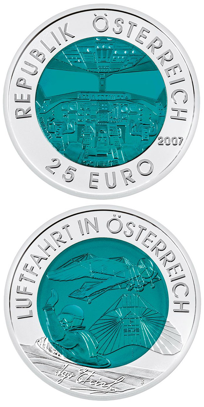 Image of 25 euro coin - Austrian Aviation | Austria 2007.  The Bimetal: silver, niobium coin is of BU quality.