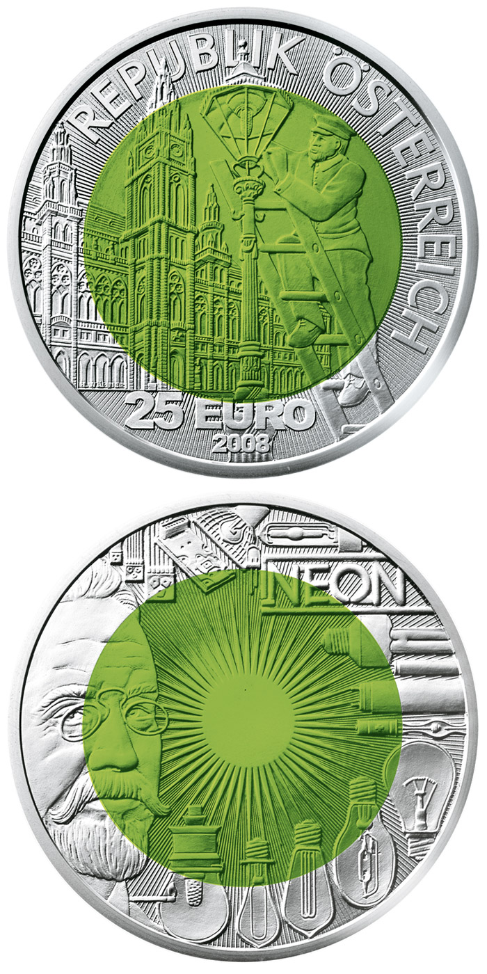 Image of 25 euro coin - Fascination Light | Austria 2008.  The Bimetal: silver, niobium coin is of BU quality.