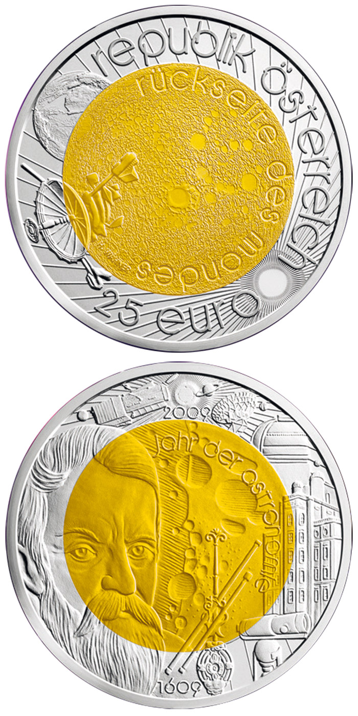 Image of 25 euro coin - Year of Astronomy | Austria 2009.  The Bimetal: silver, niobium coin is of BU quality.