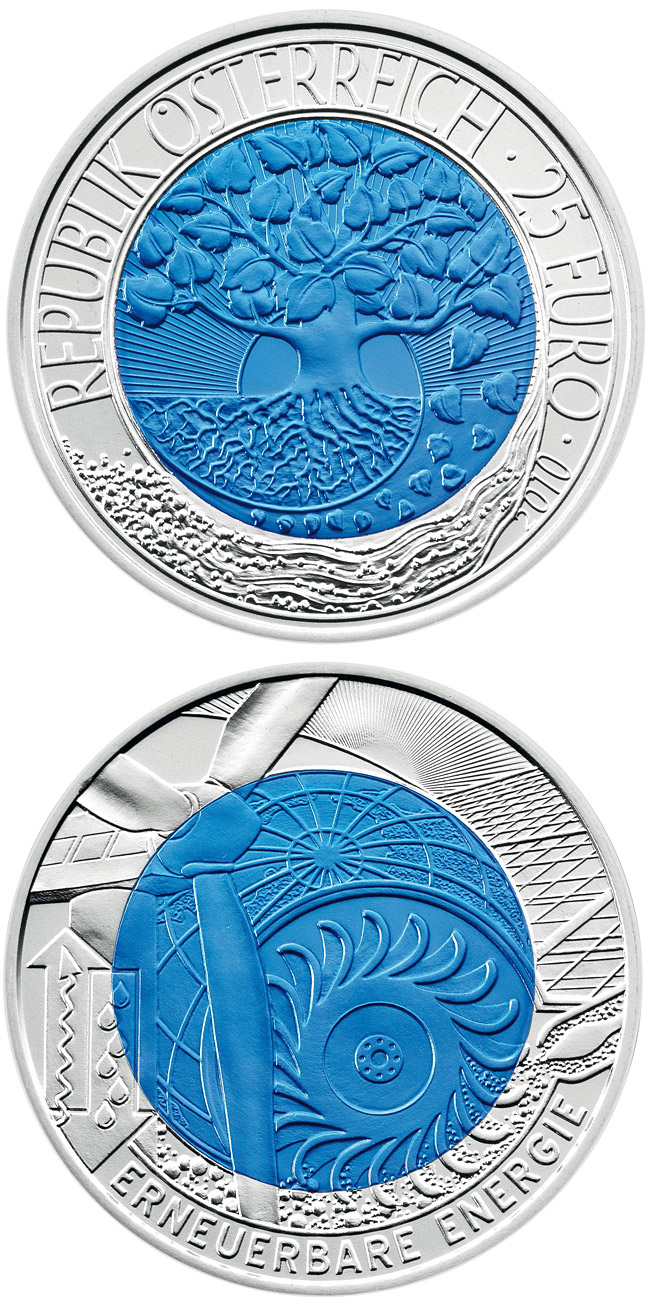 Image of 25 euro coin - Renewable Energy | Austria 2010.  The Bimetal: silver, niobium coin is of BU quality.