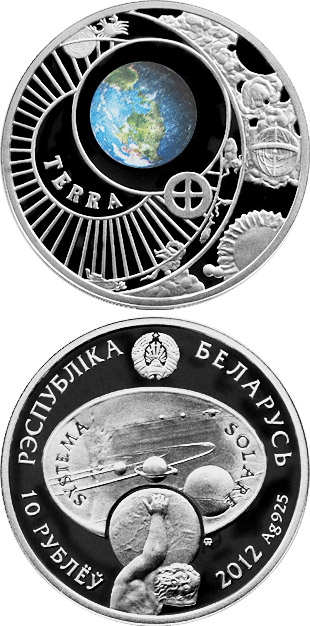 Image of 10 rubles coin - Earth | Belarus 2012.  The Silver coin is of Proof quality.