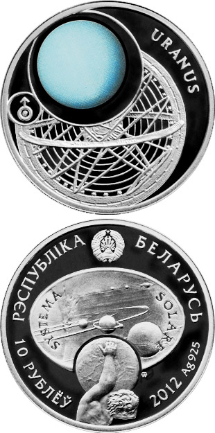 Image of 10 rubles coin - Uranus | Belarus 2012.  The Silver coin is of Proof quality.