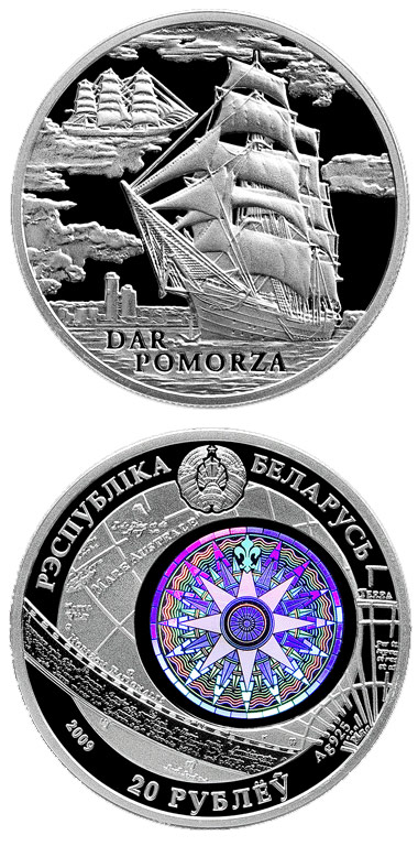 Image of 20 rubles coin - The Dar Pomorza  | Belarus 2009.  The Silver coin is of BU quality.