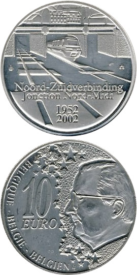 Image of 10 euro coin - 50 years North South Connection in Brussels | Belgium 2002.  The Silver coin is of Proof quality.