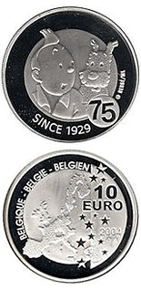 Image of 10 euro coin - 75 years Tintin et Milou | Belgium 2004.  The Silver coin is of Proof quality.