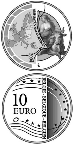 Image of 10 euro coin - Enlargement of the European Union | Belgium 2004.  The Silver coin is of Proof quality.