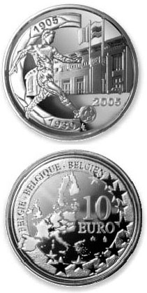 Image of 10 euro coin - 75 years Heysel Stadium / 100 years International Football matches the Netherlands - Belgium | Belgium 2005.  The Silver coin is of Proof quality.