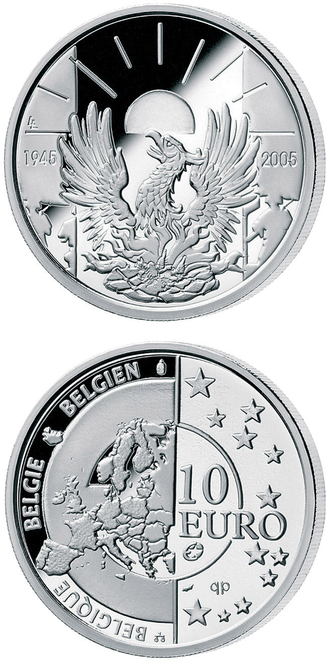 Image of 10 euro coin - 60 years Peace and Freedom | Belgium 2005.  The Silver coin is of Proof quality.
