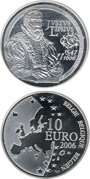 Image of 10 euro coin - 400. anniversary of the death Justus Lipsius | Belgium 2006.  The Silver coin is of Proof quality.