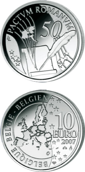 Image of 10 euro coin - 50 Years Treaty of Rome | Belgium 2007.  The Silver coin is of Proof quality.