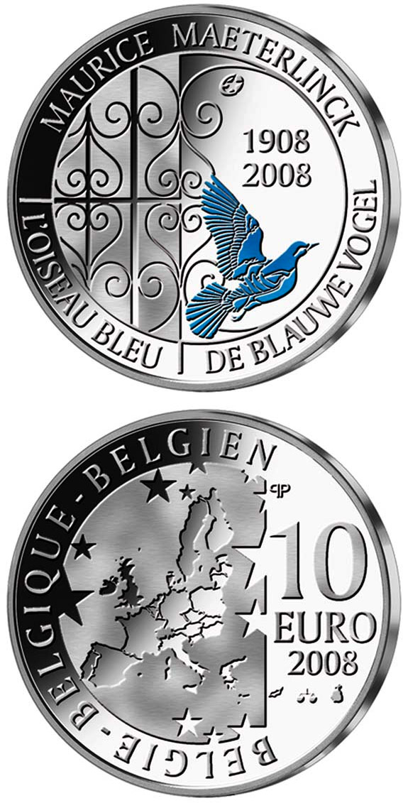 Image of 10 euro coin - 100 years The blue bird - colored | Belgium 2008.  The Silver coin is of Proof quality.