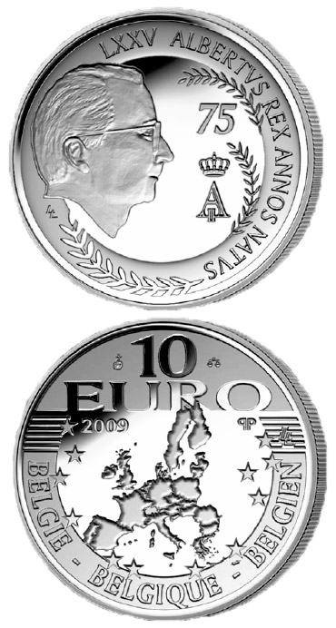 Image of 10 euro coin - 75. birthday of König Albert II. | Belgium 2009.  The Silver coin is of Proof quality.