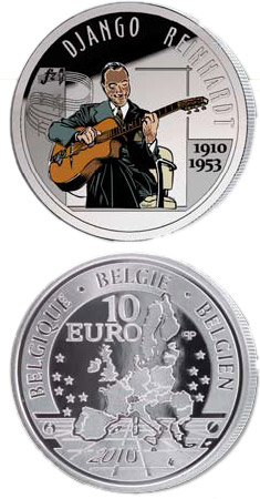 Image of 10 euro coin - 100. birthday of of Django Reinhardt | Belgium 2010.  The Silver coin is of Proof quality.