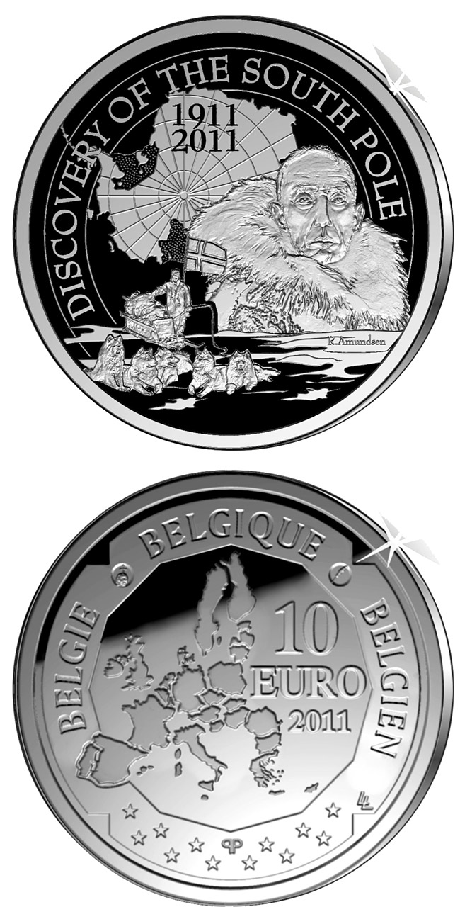 Image of 10 euro coin - Discovery of the South Pole | Belgium 2011.  The Silver coin is of Proof quality.