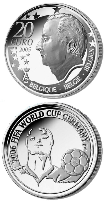 Image of 20 euro coin - FIFA Football World Cup 2006 in Germany  | Belgium 2005.  The Silver coin is of Proof quality.