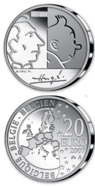 Image of 20 euro coin - 100. birthday of Georges Remi (Hergé)  | Belgium 2007.  The Silver coin is of Proof quality.