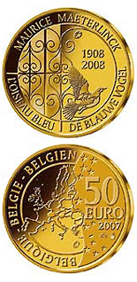 Image of 50 euro coin - The blue bird | Belgium 2008.  The Gold coin is of Proof quality.