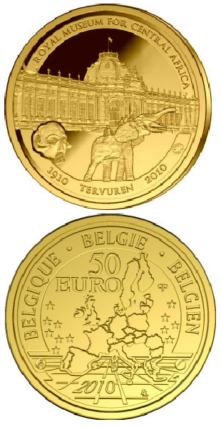 Image of 50 euro coin - 100 years African Museum | Belgium 2010.  The Gold coin is of Proof quality.