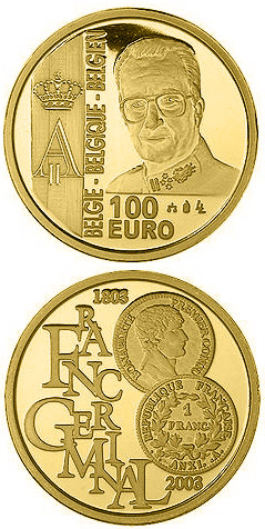 Image of 100 euro coin - 200 years French franc - Franc Germinal | Belgium 2003.  The Gold coin is of Proof quality.