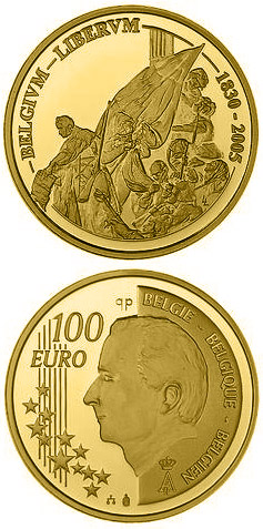 Image of 100 euro coin - 175 years Independence | Belgium 2005.  The Gold coin is of Proof quality.