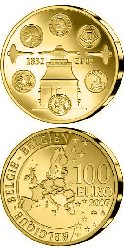 Image of 100 euro coin - 175 years Coinage | Belgium 2007.  The Gold coin is of Proof quality.