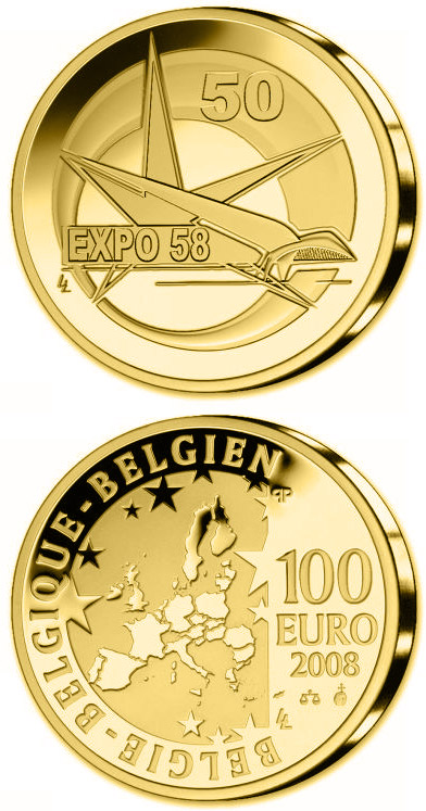 Image of 100 euro coin - 50. Anniversary World EXPO in Brussels | Belgium 2008.  The Gold coin is of Proof quality.