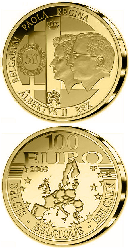 Image of 100 euro coin - 50. Wedding day König Albert II. and Queen Paola | Belgium 2009.  The Gold coin is of Proof quality.